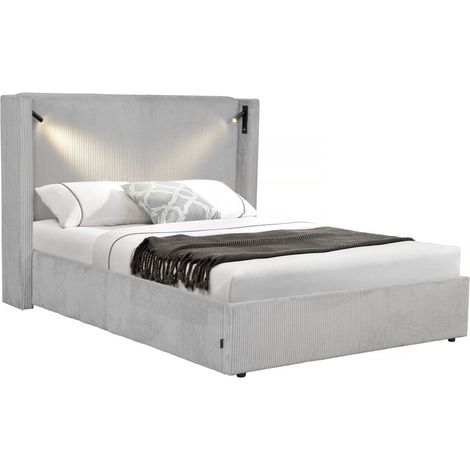 Cama doble de pana con cómoda integrada y lámpara "Cortina" - 160 x 200 cm - Gris