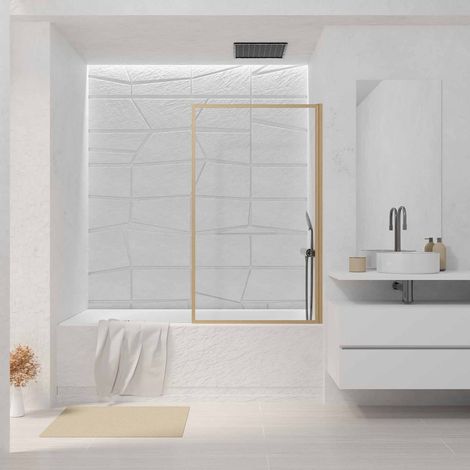 Mampara de Bañera Abatible 80x140cm Marco Aluminio Madera - Vidrio 4mm