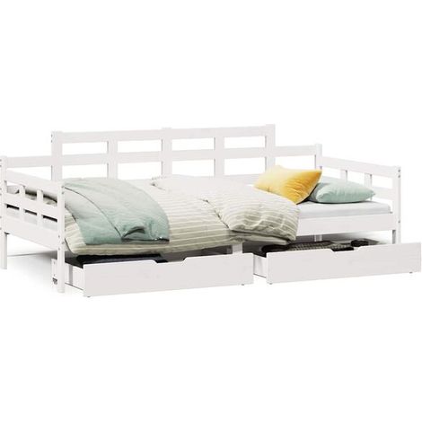 Canapé-lit avec tiroirs, matelas non inclus, blanc, 90x200 cm, bois massif. (1/5)