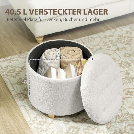 Pouf coffre de rangement rond blanc avec couvercle, repose-pieds tabouret en bois, rangement intérieur