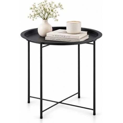 Tavolino Rotondo Pieghevole Nero in Metallo 47 x 50 cm con Vassoio Rimovibile - Tavolo basso dal design moderno (1/5)