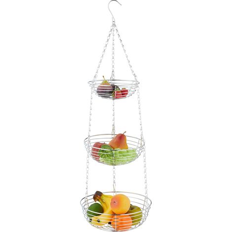 Relaxdays Obstkorb hängend, HxD: 82 x 26,5 cm, 3 Etagen, Metall, runder Hängekorb für Obst & Gemüse, Obstschale, silber (1/5)