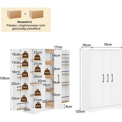 Meuble de cuisine avec étagère à épices, spacieux meuble à double porte avec tiroir vertical coulissant à 4 niveaux, étagères réglables et design moderne – 120 × 78 × 35 cm, blanc (1/5)