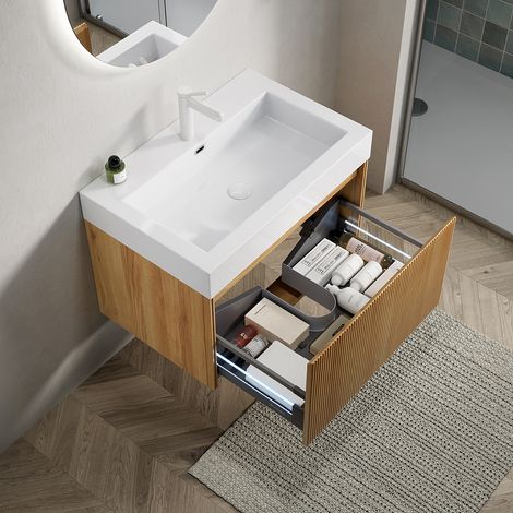 Meuble lavabo mural 70 cm avec vasque rectangulaire monobloc résine blanche/meuble contreplaqué rayé 1 tiroir - Finition grain bois naturel (1/5)