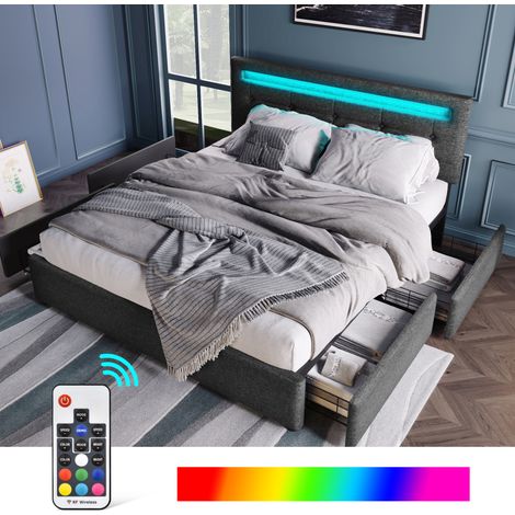 Polsterbett 140x200 cm Leinen Grau mit LED und 4 Schubladen, ohne Matratze – MEUBLIV (1/5)