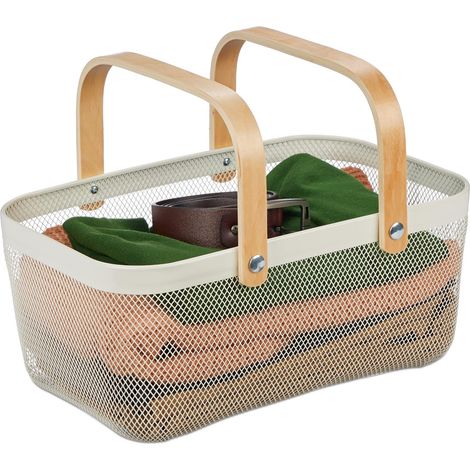 Panier rectangulaire, anses, Corbeille de Rangement, métal et Bois, panière ustensiles, Salle de Bain, Blanc