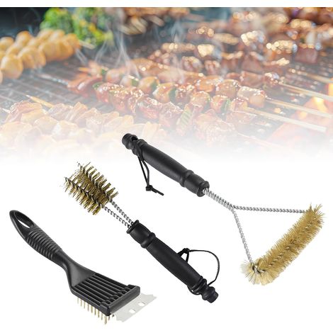 Ein Set aus drei Grillreinigungsbürsten, darunter eine 2-in-1-Bürste mit Edelstahlschaber, eine Messingreinigungsbürste und weiteres Zubehör zur Reinigung von Grillrosten.