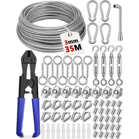 35M Câbles en Acier Inoxydable à Suspendre Kit,304 Cable Inox 3mm avec Tendeur Cable, Serre Cable Acier,Câble en Acier Gainé pour Treillis Plante Grimpante Exterieur,Corde a Linge,Garde Corps (1/4)