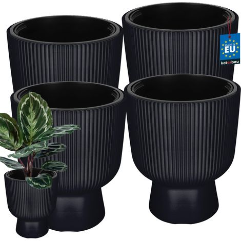 KOTARBAU® Lot de 4 Pot de Fleur - Pot Plastique Plante Ø 29 cm - avec Bac Intérieur -  Pot de Jardin - Pot de Fleur Exterieur -  H : 36 cm - PVC - Anthracite - Nervuré (1/4)