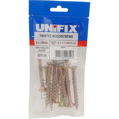 Unifix Twistec Woodscrews Csk Head Zyp Tx40 8.0 x 160mm - Box of 30