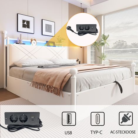 Letto a baldacchino in metallo bianco 140x190 cm con contenitore idraulico, LED, USB/Type-C