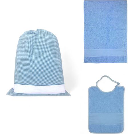 Set Asilo Nuvola 3 Pezzi in Puro Cotone con Tela AIDA da Ricamare - Sacco + Bavaglino + Asciugamano Azzurro (1/5)