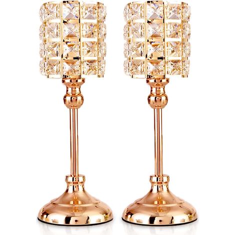 Bougeoirs en Cristal d'or 2 PCS Tea Light Cylindre en métal Chandelier Luxueux 35,5 cm de Hauteur Bougeoir Ornements pour centres de Table de Mariage de Salon de Noël (Grand)