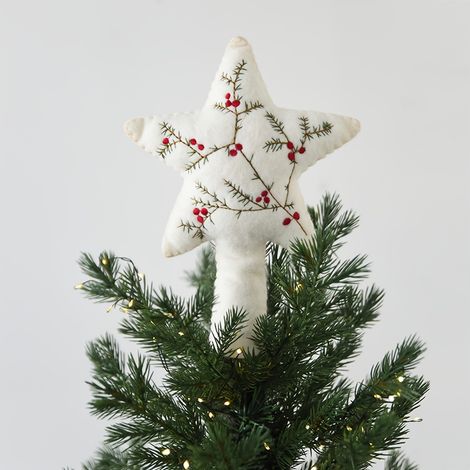 1 PIÈCE Cime de sapin étoilée en feutre, étoile crème brodée de baies, mesurant 7.48 x 26 cm, pour sapin de Noël. 1 PIÈCE Cime, 7.48 x 26 cm - Une (1/5)