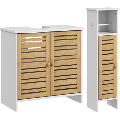 HOMCOM conjunto de baño incluye 1 mueble bajo lavabo 1 columna de baño estrecha con puertas de bambú portarrollos de papel blanco y natural (1/5)