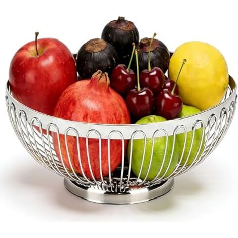 Coupe à fruits en acier inoxydable avec fil argenté, panier à fruits, table d'égouttage creuse, centre de table, support de rangement décoratif pour fruits, légumes, pain et fruits (26 x 11 x 11 cm) (1/5)
