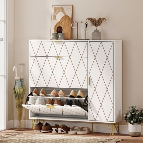 Mueble Zapatero Moderno con 2 Cajones Abatibles Armario y Estantes Ajustables para 10-14 Pares de Zapatos Blanco (1/5)