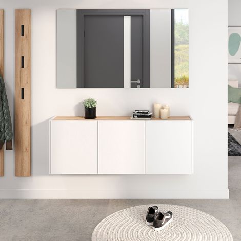 Meuble d'entrée suspendu 138x25x52 cm blanc et chêne - TREDY