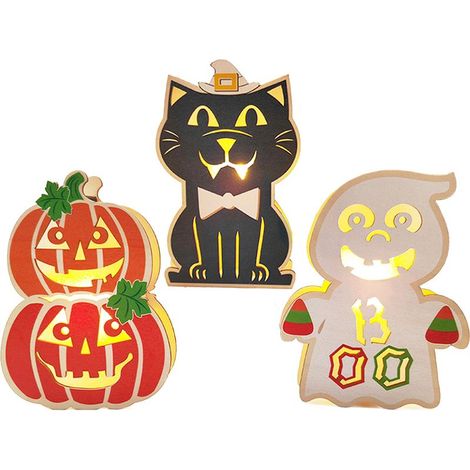 (Fantôme + Chat + Lanterne Citrouille) 3 Décorations d'Halloween lumineuses en bois : citrouille, fantôme et chat noir (1/2)