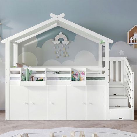 Lit superposé - 90x200 cm - Blanc/Vert - Barrière de sécurité - Armoire et escalier 3 casiers