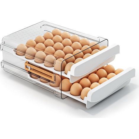 Boîte à œufs pour réfrigérateur, 60 pièces, récipient de rangement à œufs à 2 niveaux avec minuterie, boîte à œufs transparente et empilable (1/5)