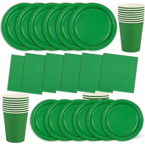 Lot de 64 pièces de vaisselle de fête vertes, assiettes, serviettes, gobelets et assiettes à dessert Convient pour fêtes d’enfants, anniversaires, décoration de mariage (1/5)