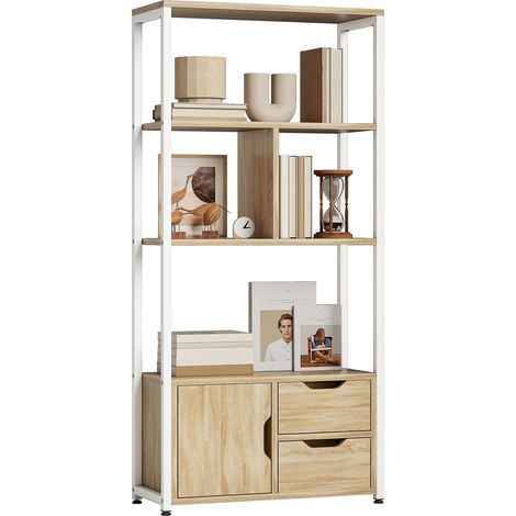 Bibliothèque avec étagères, tiroirs et porte, 58 x 24 x 122 cm, style industriel, bois blanc et naturel