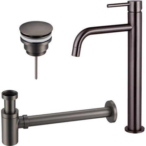 Fortifura Calvi Slim Kit mitigeur lavabo - robinet rehaussé - bonde clic clac - siphon design bas - PVD Gunmetal