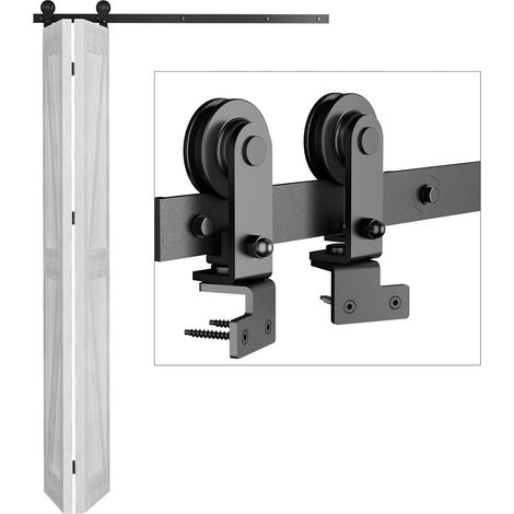 92cm/3FT Rail Porte Coulissante Pliante Kit Roulette Suspendue Systeme Noir pour 2 Porte Coulissante Interieur 43cm Large T Roues (1/5)