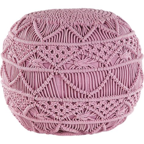 Pouf rond de 40 cm de Diamètre en Tissu Coton Rose avec Rembourrage en Billes de Polystyrène pour Salon Bohème et Moderne Beliani (1/5)