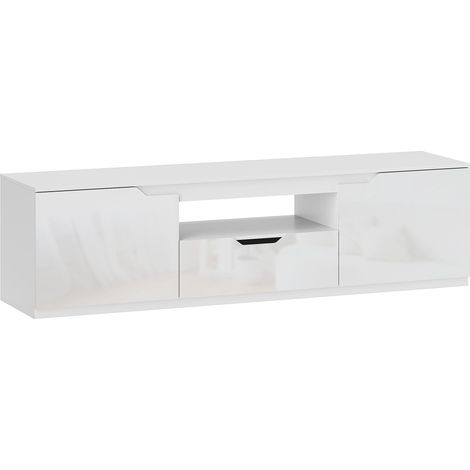 Meuble TV Lowboard blanc 160 cm avec 2 portes, tiroir et gestion des câbles pour TV jusqu'à 65 pouces (1/5)