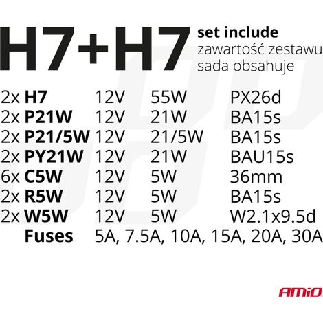 Lot de 30 ampoules et fusibles de rechange H7 + H7 amio-03959