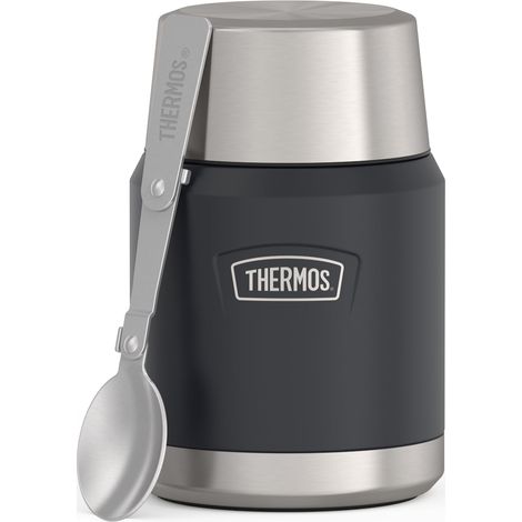 Food Jar - Pot alimentaire de 0,47 l - Gris foncé mat graphite - 470 ml - Double paroi en acier inoxydable 18/8 - Garde au chaud et au froid - Avec cuillère pliable - Fond antidérapant - (1/5)