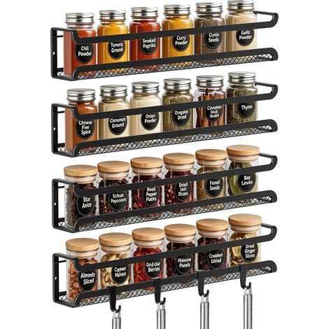 Lot de 4 étagères à épices murales avec adhésif et vis - Étagères à condiments pour intérieur de placard et porte de cuisine - Rangement de pots à épices (noir) (1/5)