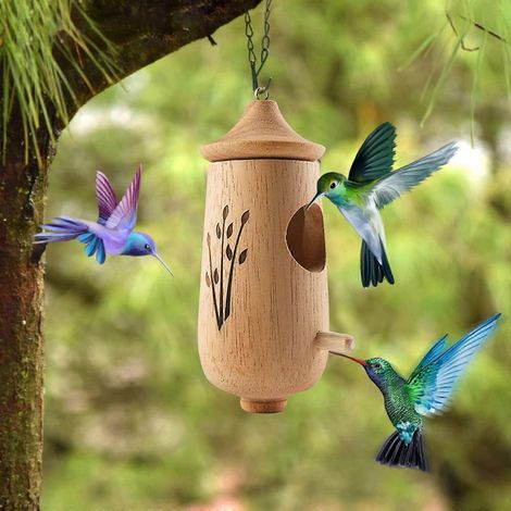Mangeoire à oiseaux en bois massif, maison suspendue pour l'extérieur, décoration de jardin, terrasse ou pelouse. (1/5)