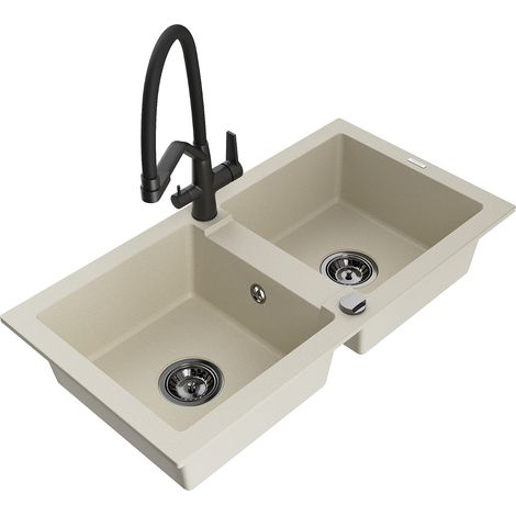 Mexen Mario lavello in granito a 2 vasche con miscelatore Duo, beige - 6504-69-671701-70-B (1/5)