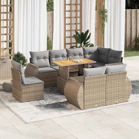 Ensemble salon jardin 9 places résine tressée beige avec table extensible acacia et rangements intégrés (1/5)
