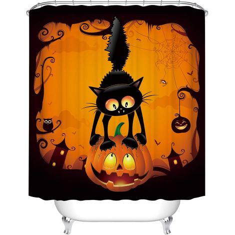 Hengweiuk Halloween Pattern Waterproof Shower Curtain with Hooks, Mildew Resistant, Polyester, Pumpkin Design, 71 x 71 Inches (1/5)