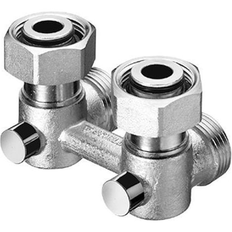 Robinet d'arrêt double, coudé, filetage mâle 3/4" x filetage femelle 3/4", nickel mat