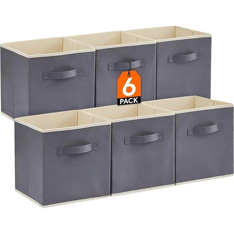 Lot de 6 Cubes de Rangement Pliables, Paniers Rangement en Tissu, Caisses Rangement, Boites de Rangement avec Poignées, Organisateurs pour Vetements, Jouets, 26,5 x 26,5 x 28 cm,18L Gris