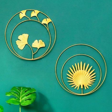 2 Pièces Decoration Murale Metal Doré Fer Ginkgo Feuilles et Paume Feuilles Décoration Murale en Métal Feuilles pour Balcon, Couloir, Chambre, Salon (1/5)
