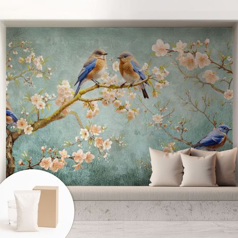 Fototapete - Tapete Vliestapete mit Kleber - Wandtapete Moderne Wandbild Schlafzimmer Wohnzimmer Frühlingsvögel 208x146 cm (1/5)