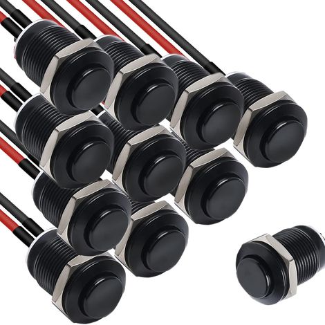 Lot de 10 boutons poussoirs étanches 12 mm en métal - Acier inoxydable - 12 V - Pour klaxon, sonnette, voiture - Mini bouton poussoir rond (tête haute) - Noir
