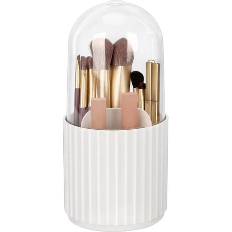 1 unidad, tubo de almacenamiento, organizador de brochas de maquillaje con tapa, tubo de almacenamiento a rayas blancas, caja de almacenamiento giratoria de 360 grados (1/5)