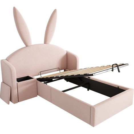 Cama infantil 90 x 190 cm de terciopelo rosa con almacenaje y mesita HOMVRA (1/5)