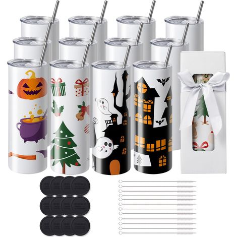 12-teiliges Sublimationsbecher-Set, 591,5 ml, doppelwandiger Edelstahl, Gläser mit Strohhalmen, Deckel, Bürste, Boden, Schrumpffolie, Geschenkbox, für Transferpresse (1/5)