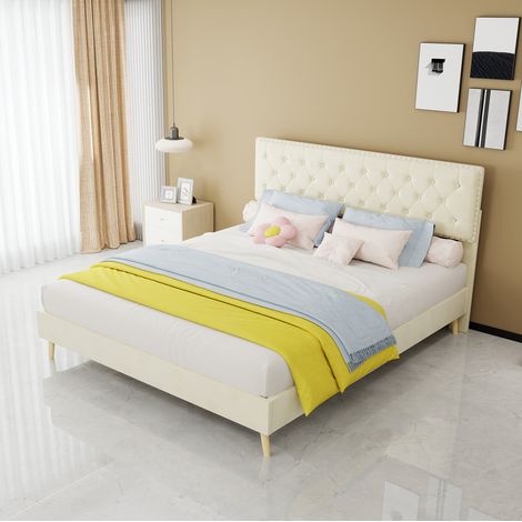 lit 160x200 avec rangement velours tissu beige HAVRYA (1/5)