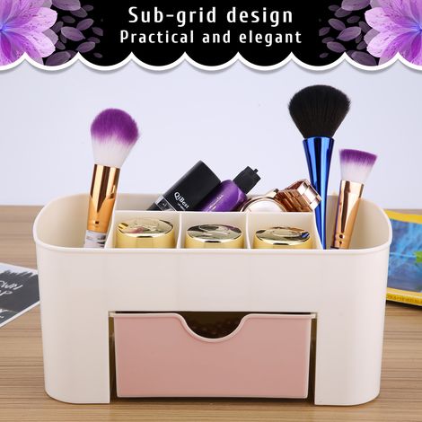 Organiseur de bureau multifonctionnel avec tiroir, porte-papeterie, boîte de rangement pour maquillage, rose (1/5)