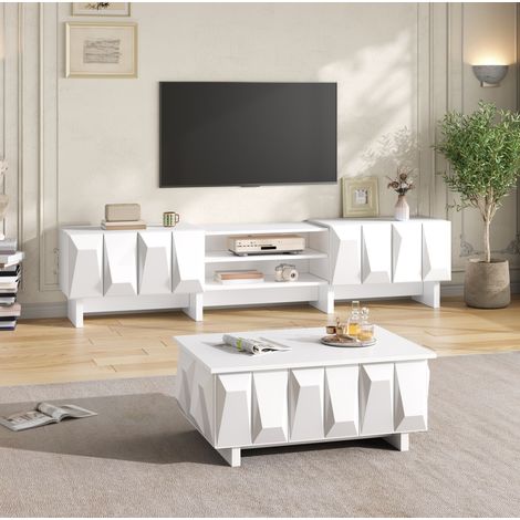 Set TV y mesa 180x34x44,5 cm de tablero de partículas blanco, con almacenaje para salón FloraGrace