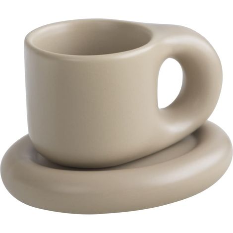 Adorables ensembles tasses et soucoupes à café, ronds et amusants : tasses et soucoupes en céramique couleur noix de coco de 27 cl, aux motifs originaux et mignons, parfaites pour le café, le thé et l (1/5)